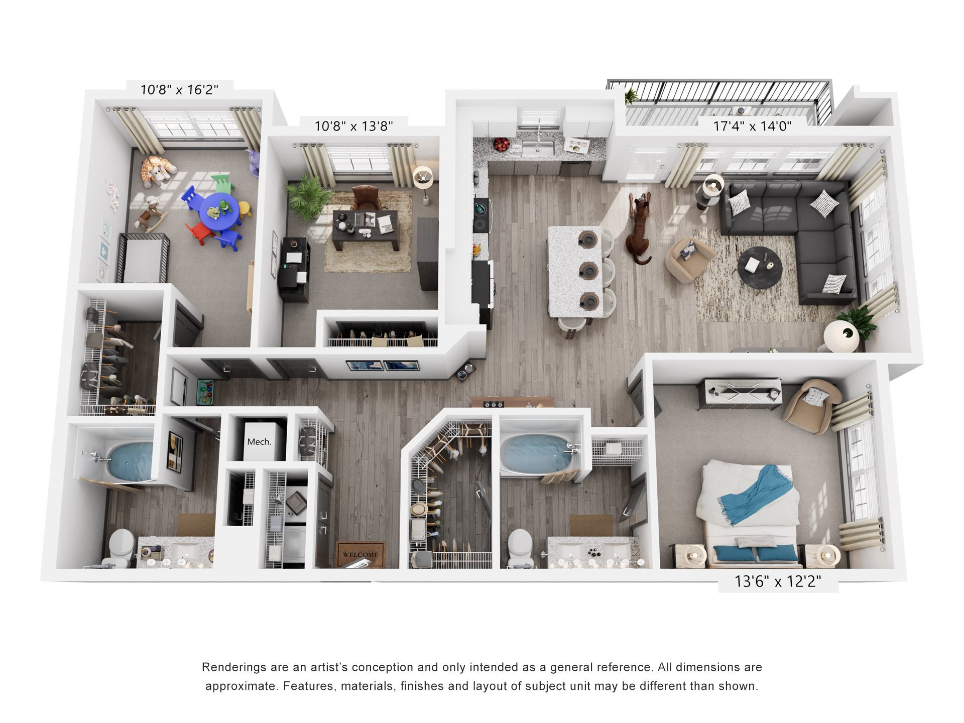 Floor plan for 3 beds, 2 baths, 1449 sqft